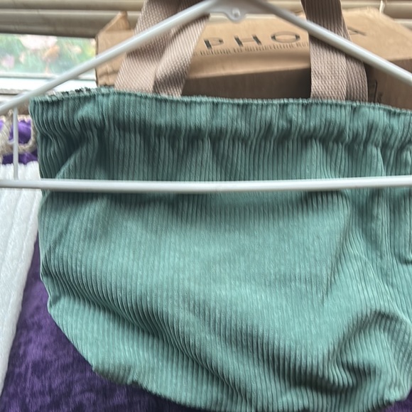 NWT MINT GREEN CORDUROY DRAW STING TOTE/ new/ fall green/ striped interior. Adj - Picture 4 of 12